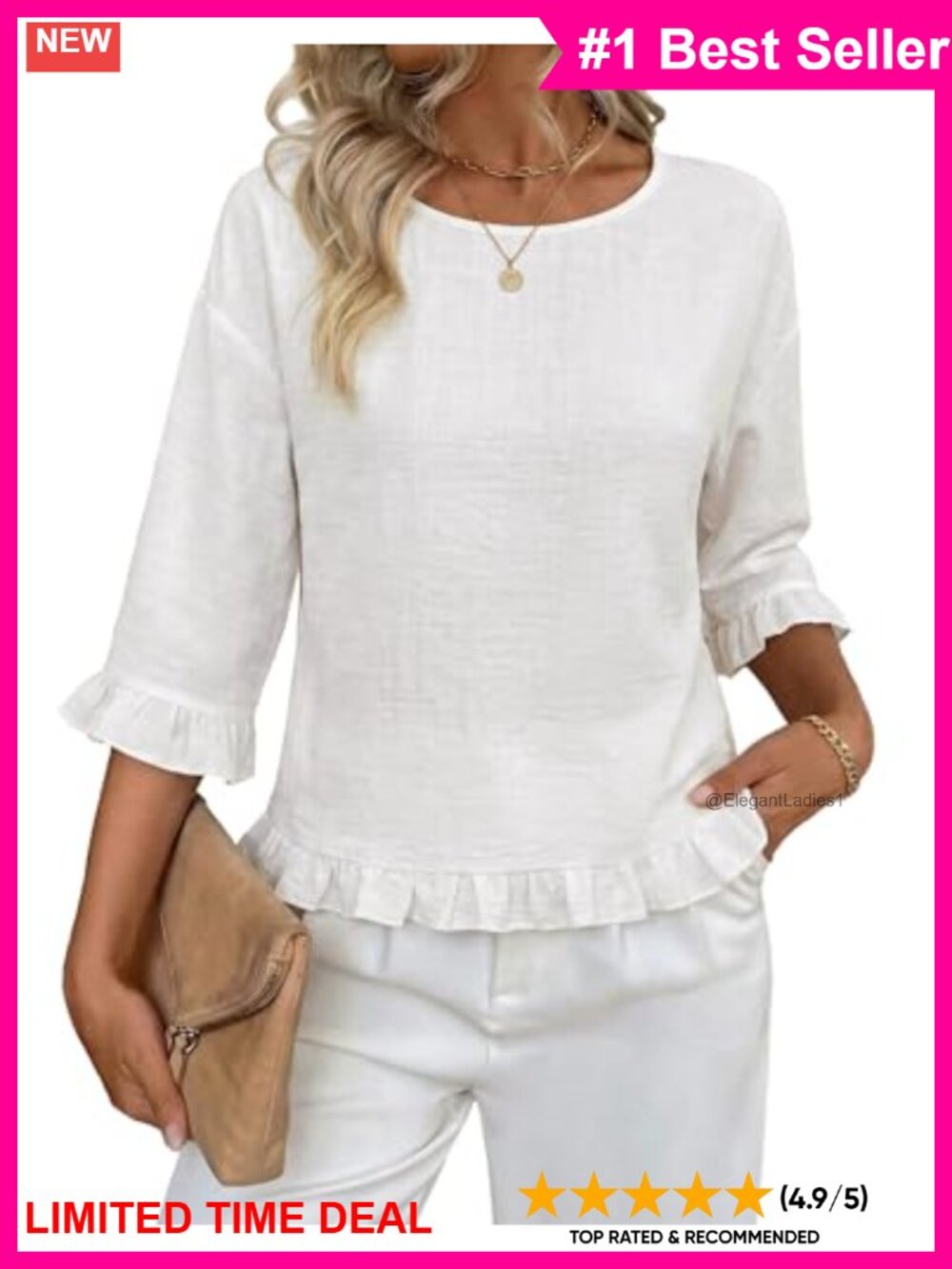 Womens Ruffle 3/4 Sleeve Blouse Dressy Casual Pullover Top Collarless